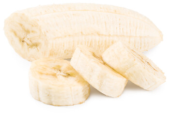 sliced banana isolated on white background. Clipping path and full depth of field