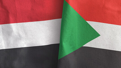 Sudan and Yemen two flags textile cloth 3D rendering