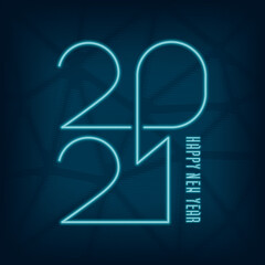2021 Single Line Glowing Neon Sign Style Numerals Logo and Happy New Year Lettering Greeting Creative Concept - Blue on Holographic Triangles Black Background - Mixed Graphic Design