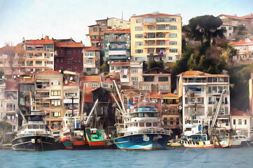 Fototapeta na wymiar Cityscape of Istanbul from the water colorful painting looks like picture, Turkey.