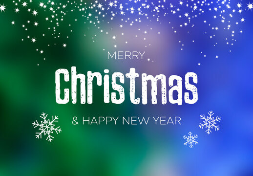 Merry Christmas and Happy New Year Sign with defocused blue green background stock images. Green blue christmas blurred bokeh greeting card images. Christmas defocused background with snowflakes image