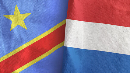 Netherlands and Congo Democratic Republic two flags textile cloth 3D rendering