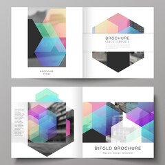 Fototapeta premium Vector layout of two covers templates with colorful hexagons, geometric shapes, tech background for square design bifold brochure, flyer, magazine, cover design, book design, brochure cover.