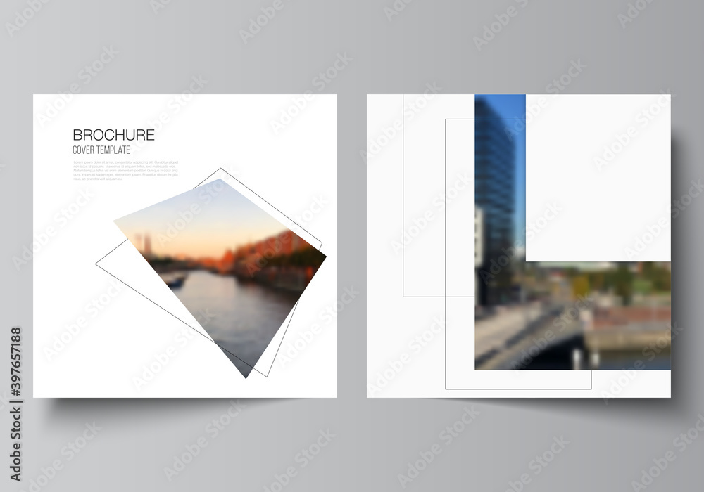 Poster vector layout of two square format covers design templates with geometric simple shapes, lines and p