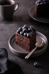 A piece of chocolate cake with blueberry, low key, dark mood