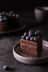 A piece of chocolate cake with blueberry, low key. dark mood