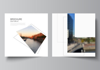 Vector layout of two square format covers design templates with geometric simple shapes, lines and photo place for brochure, flyer, magazine, cover design, book, brochure cover.