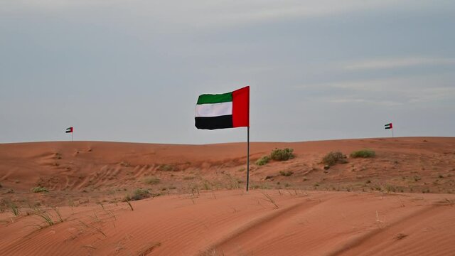Flag of the United Arab Emirates waving in the Arabian desert, cloudy sky in Background, the National symbol of UAE, UAE desert side, Winter Days, 4K Footage
