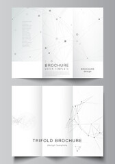 Vector layouts of covers templates for trifold brochure, flyer layout, book design, brochure cover, advertising mockups. Gray technology background with connecting lines and dots. Network concept.
