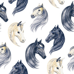 Watercolor painting seamless pattern with horses portraits