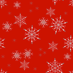 Naklejka na ściany i meble Vector snowflakes seamless pattern. Elegant red Christmas and New Year background texture with snow, snowflakes. Winter holidays theme. Vintage style. Ornate repeat design for decoration, print, wrap