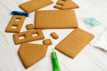 Parts for a gingerbread house. Preparing for the new year, christmas.