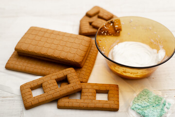 Parts for a gingerbread house. Preparing for the new year, christmas.