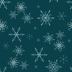 Vector snowflakes pattern. Elegant Christmas and New Year seamless background with snow, snowflakes. Winter holidays theme. Vintage style. Teal, turquoise and gold color. Design for decor, print