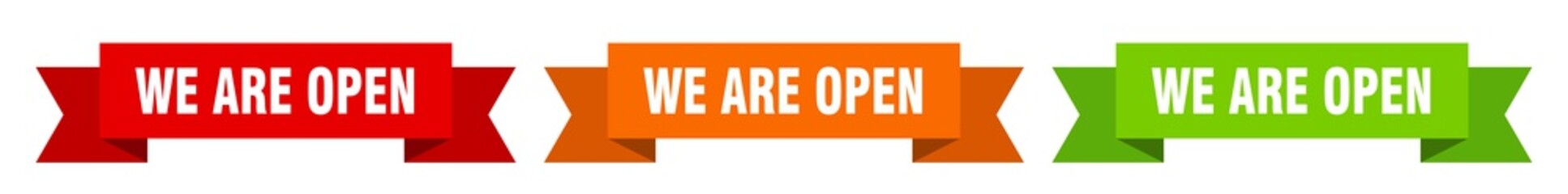 we are open ribbon. we are open isolated paper sign. banner
