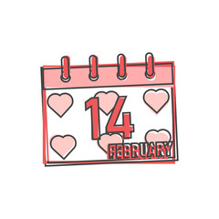 February 14 calendar day vector icon on cartoon style on white isolated background.