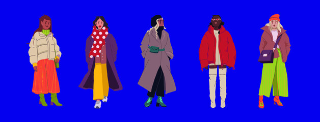 Set of fashion woman in trendy clothes. Street style winter outwear. Vector cartoon illustration.