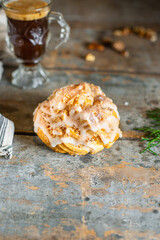 choux pastry eclair shu profiterole the filling is sweet or savory fluffy dough homemade cake for the holiday ready to eat on the table meal snack top view copy space for text food background rustic