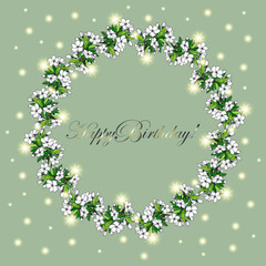 Obraz na płótnie Canvas Happy Birthday! - card. A wreath of flowers, leaves, branches of apple trees. JPG