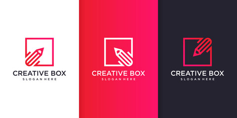 Creative box logo with pencil line art style inside Premium Vector