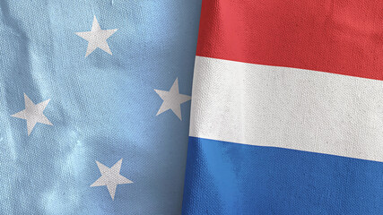 Netherlands and Micronesia two flags textile cloth 3D rendering