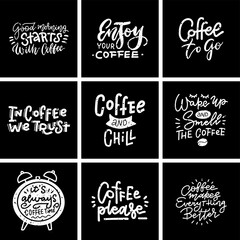 Set Coffee banner or typography, lettering hand drawn on black chalkboard background. Textured vector illustration