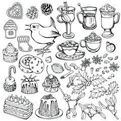 Hand drawn black and white vector set of christmas images isolated on white. Festive elements for your design. For coloring books and pages.