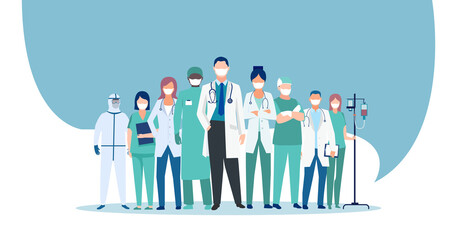 Vector of a group of doctors and nurses wearing face masks