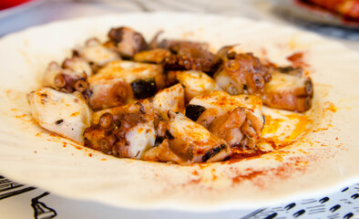 
Galician octopus, octopus with boiled potatoes and paprika, a typical Galician dish.