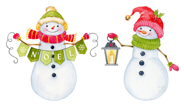 Watercolor snowman Christmas illustration. isolated on white background.