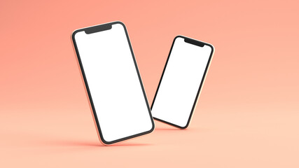 Two phones mockup on a pink background. 3D rendering. Blank screen template