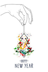 HAPPY NEW YEAR! Card. Christmas tree with watercolor blots. JPG