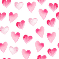 Seamless pattern with watercolor hearts on white background
