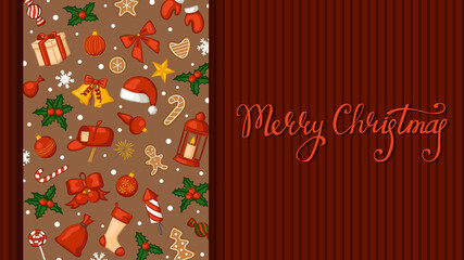 Fototapeta premium Merry Christmas banner. Greeting card template decorated with traditional Christmas items. Vector illustration.