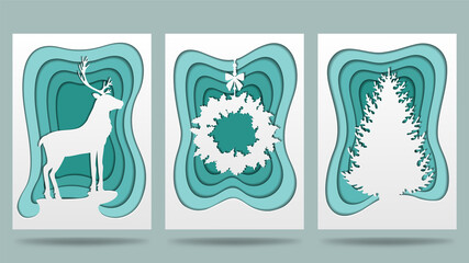 Set of Christmas banners, postcards in paper cut style. Reindeer, wreath and Christmas tree. White silhouettes on blue background. Vector illustration.