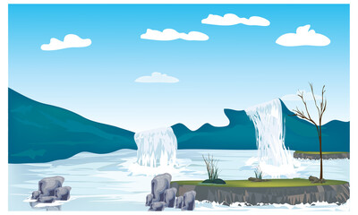 green field with waterfall landscape scene illustrator material 