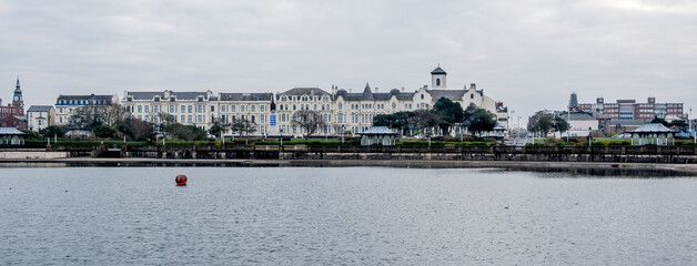 View across marine Lake Southport towards the town centre. November 2020