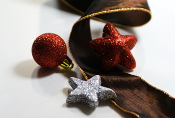 Semi-finished products for making Christmas decorations. Christmas ornament, star and ribbon