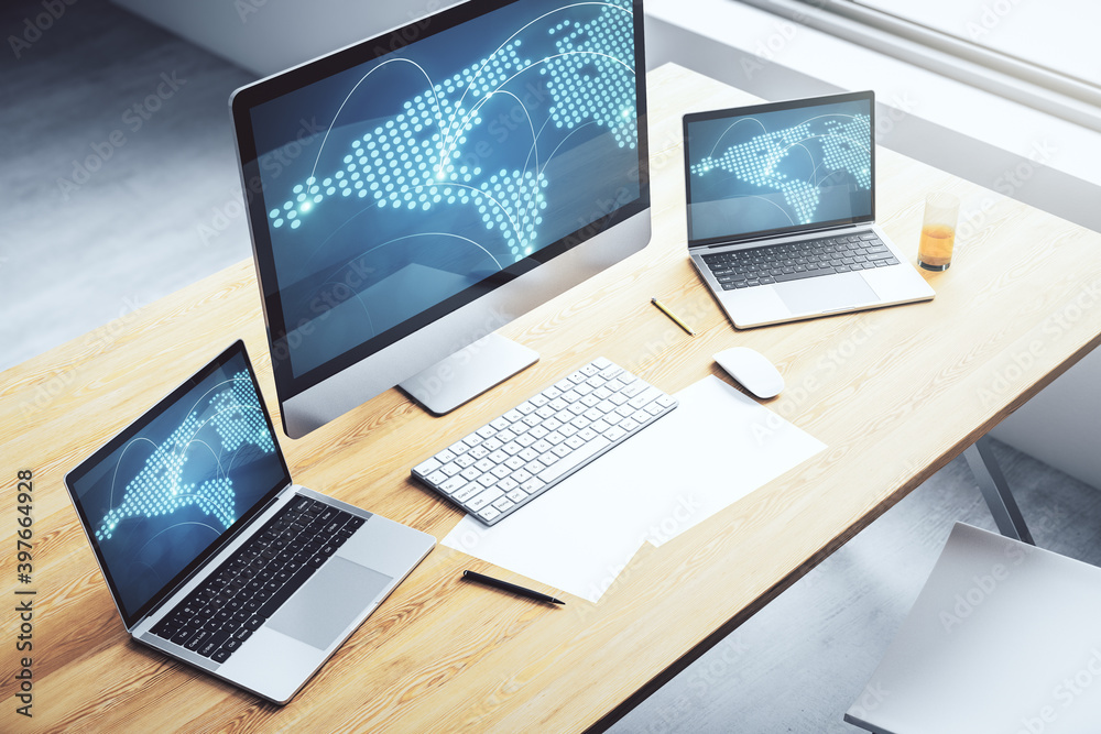 Aufkleber Abstract creative world map with connections on modern laptop screen, international trading concept. 3D Rendering