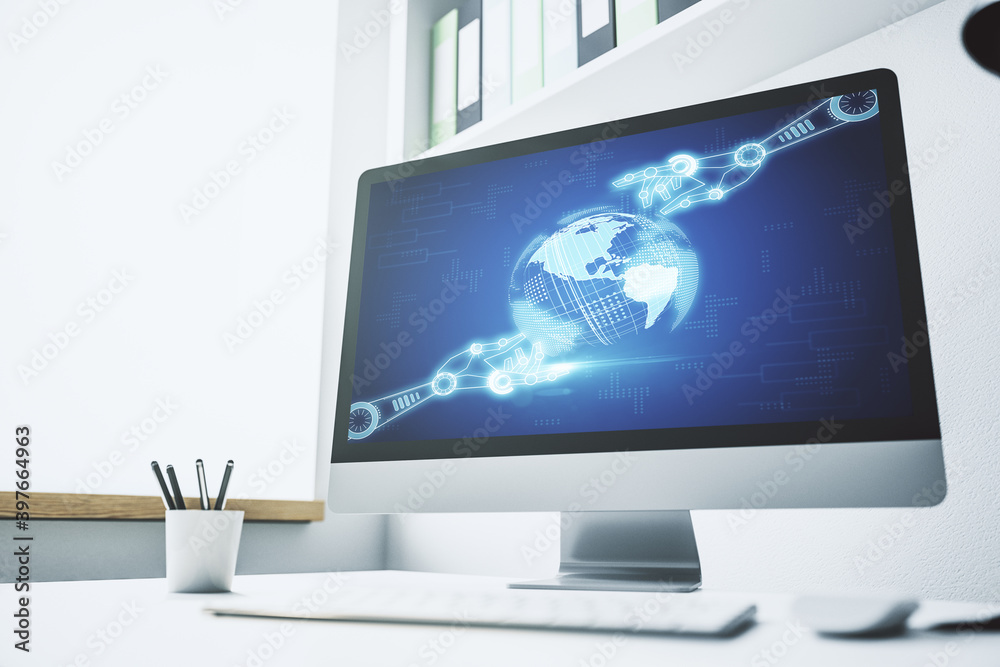 Poster modern computer monitor with robotics technology with world map hologram. research and development s