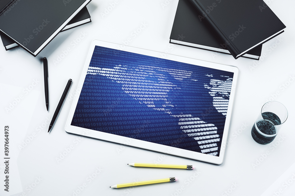 Poster Modern digital tablet display with graphic America map, global technology concept. Top view. 3D Rendering