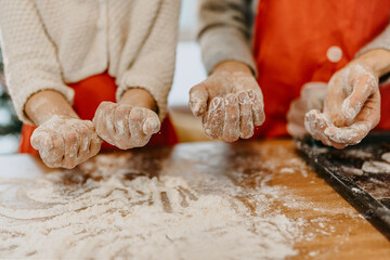 Happy woman and small child are holding heap of flour in her hands for baking christmas cookies. Woman is wearing red nikolaus apron. Close-up picture.