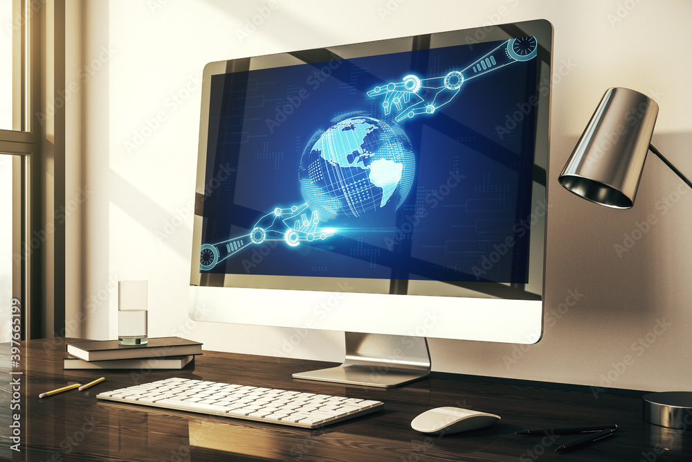 Poster creative concept of robotics technology with globe sketch on modern laptop screen. robot development