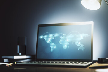Abstract creative world map with connections on modern laptop screen, international trading concept. 3D Rendering