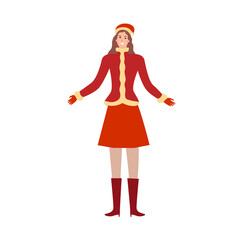 
Portrait of a beautiful girl in a winter Christmas red costume for various purposes. Cartoon flat vector. A woman in a warm hat and jacket, a skirt and boots with gloves. Merry Christmas! 