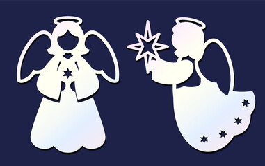 Laser cutting template. Set of christmas angels. Silhouette of christmas decoration. Paper cutout. Vector for wedding invitation, birthday card. Stencil for baptism. Die cut design.