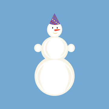 Vector illustration of a festive snowman for winter holiday purposes. Vector in flat cartoon style. Merry Christmas! Happy New Year! Children's picture of winter. Winter decoration.