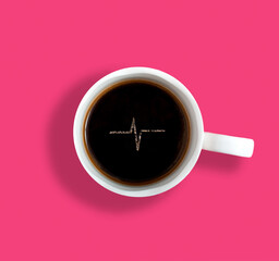 Creative concept with cup of coffee and pulse line made of coffee foam. Flat lay design