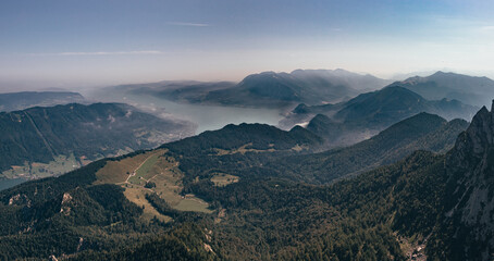 Phenomenal views from Mount Schafberg to Lake Attersee and its adjacent mountains. A tourist famous...