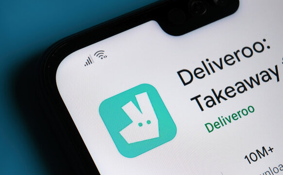 Stone / UK - July 15 2020: Deliveroo app seen on the corner of mobile phone.